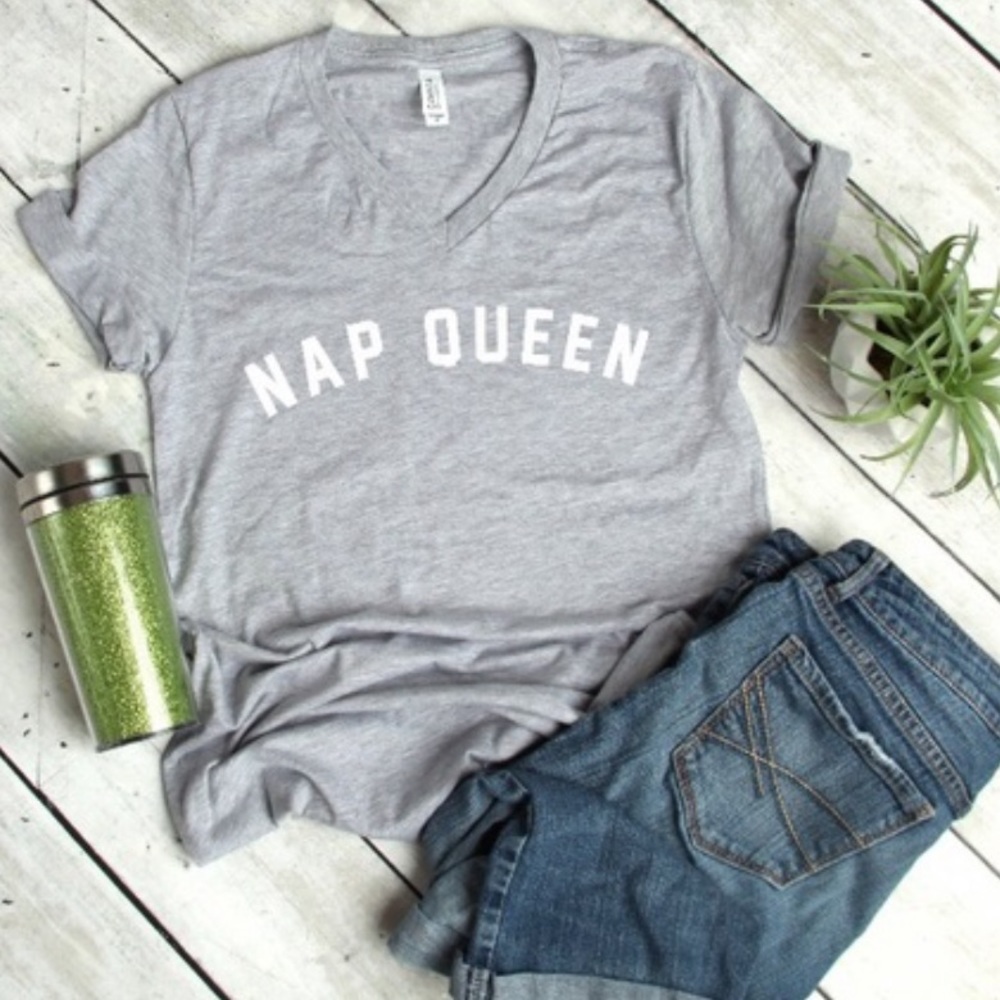 Grey T-shirt Nap Queen V neck• Handmade